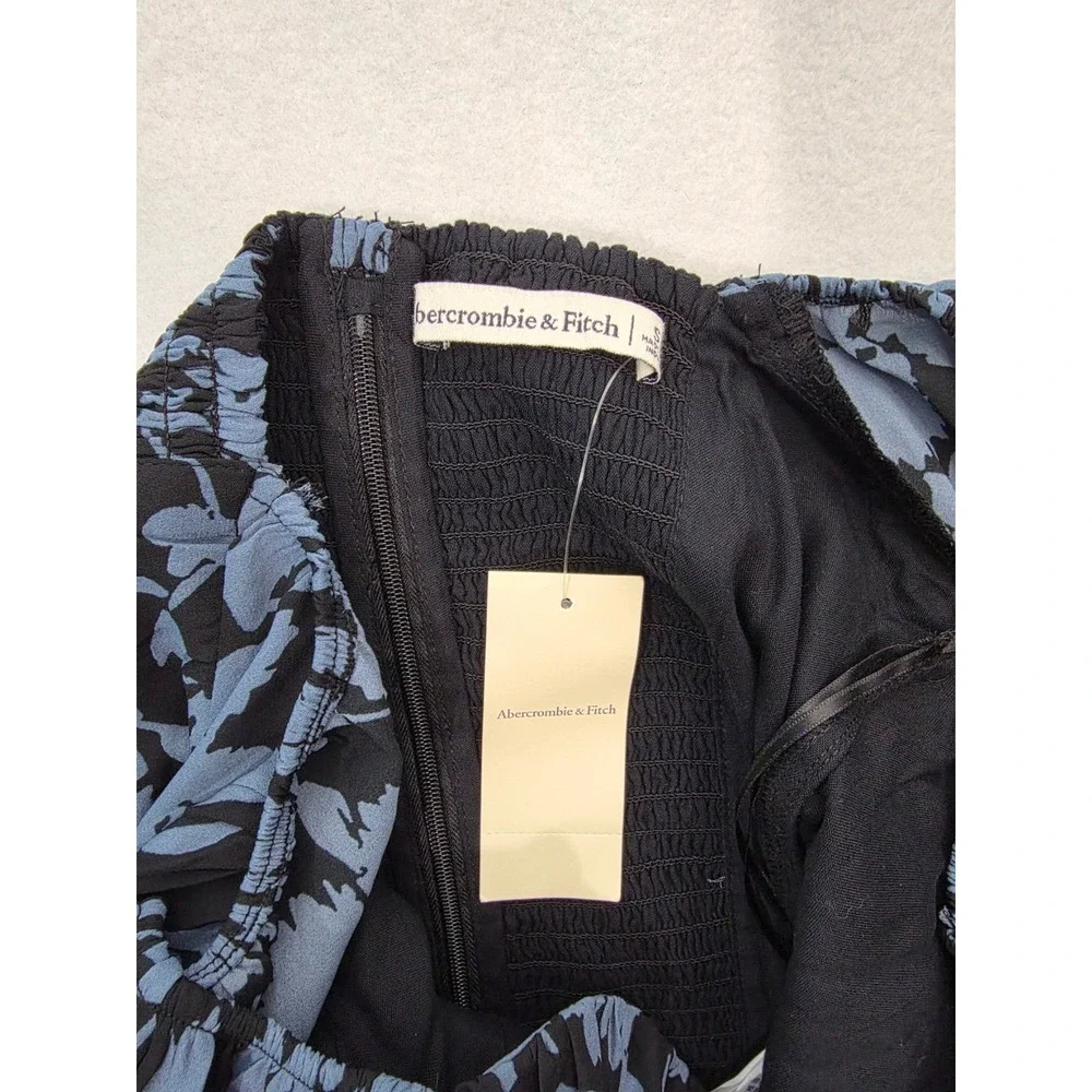 Abercrombie & Fitch Floral Puff Sleeve Top S Blue Black Smocked Cottagecore NWT